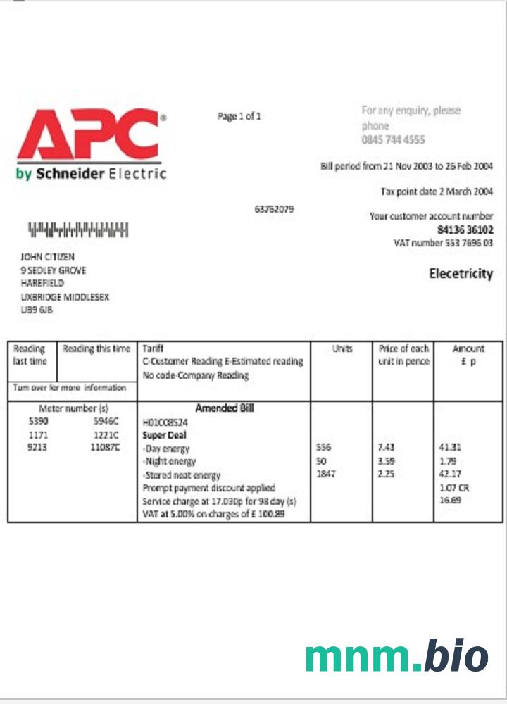Szablon rachunku za energię elektryczną w Wielkiej Brytanii APC w formacie Word i PDF